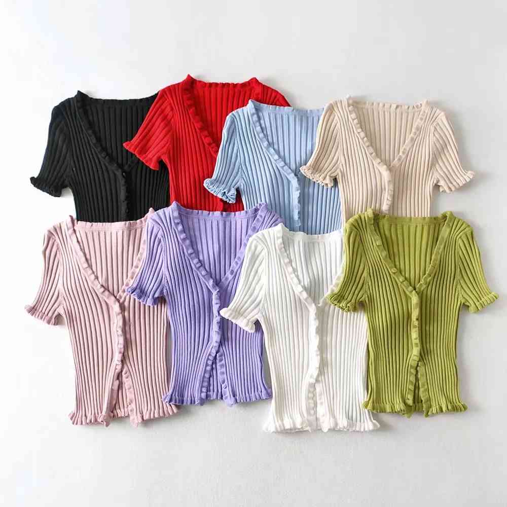 Sexy black knitted cardigan women crop sweater v neck ruffle cropped casual korean spring 210521