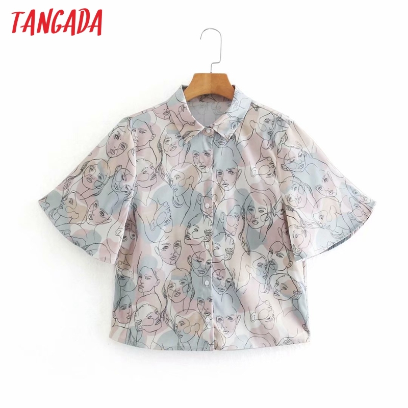 Women Vintage Print Summer Blouse Lady Flare Sleeve Casual Shirts Chic Tops XN325 210416