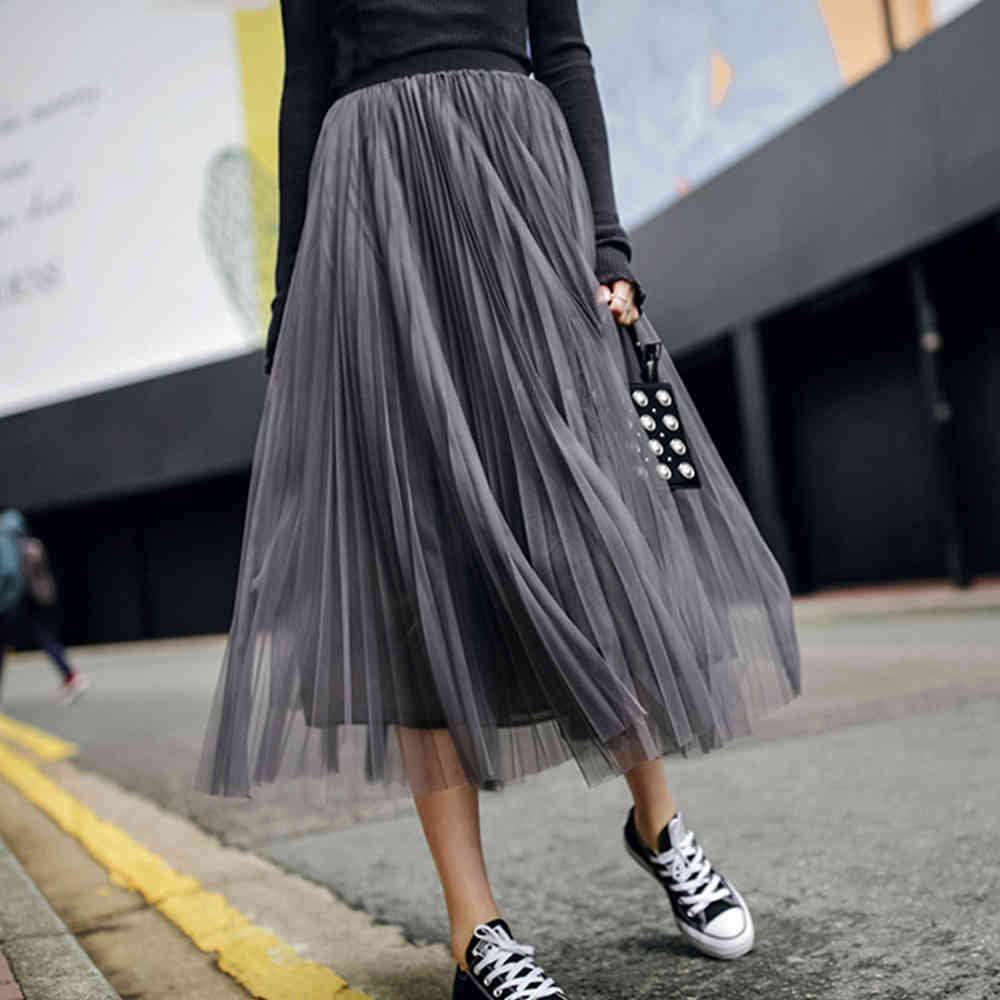 Gothic Style Lace Long Skirt Elegant Mesh Pleated A Line Korean Chic All-match Midi s High Waist 210428
