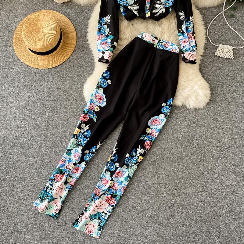 Women's Two Piece Pants 2021 Women Ins Fashion Print Runway Suit Color Contrast Lapel Long Sleeve Shirt + High Waist Slim Pencil Set