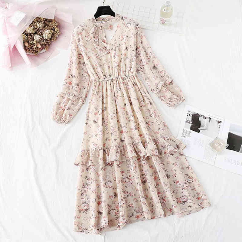 Chiffon Women Dress Vintage Lotus Leaf Flowers Print Party Dress Long Sleeve Vestidos Elegant Women Spring Summer Dress 210521