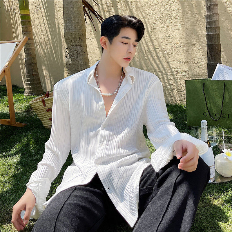 IEFB Korean Trend Solid Color Stirped Long Sleeve Black Shirt For Male Fashion White Lapel Causal Shirts 9Y7395 210524