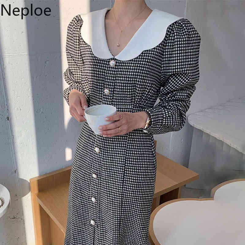Neploe Korean Elegant Woman Dress Peter Pan Collar Single Breasted Vestidos Slim Waist Temperament Plaid Maxi Dresses Women 210422