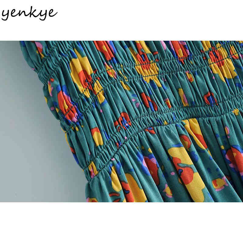 YENKYE Holiday Summer Dress Women Sexy Square Neck Short Sleeve Elastic Waist A-line Casual Dress Vintage Green Print Robe 210515