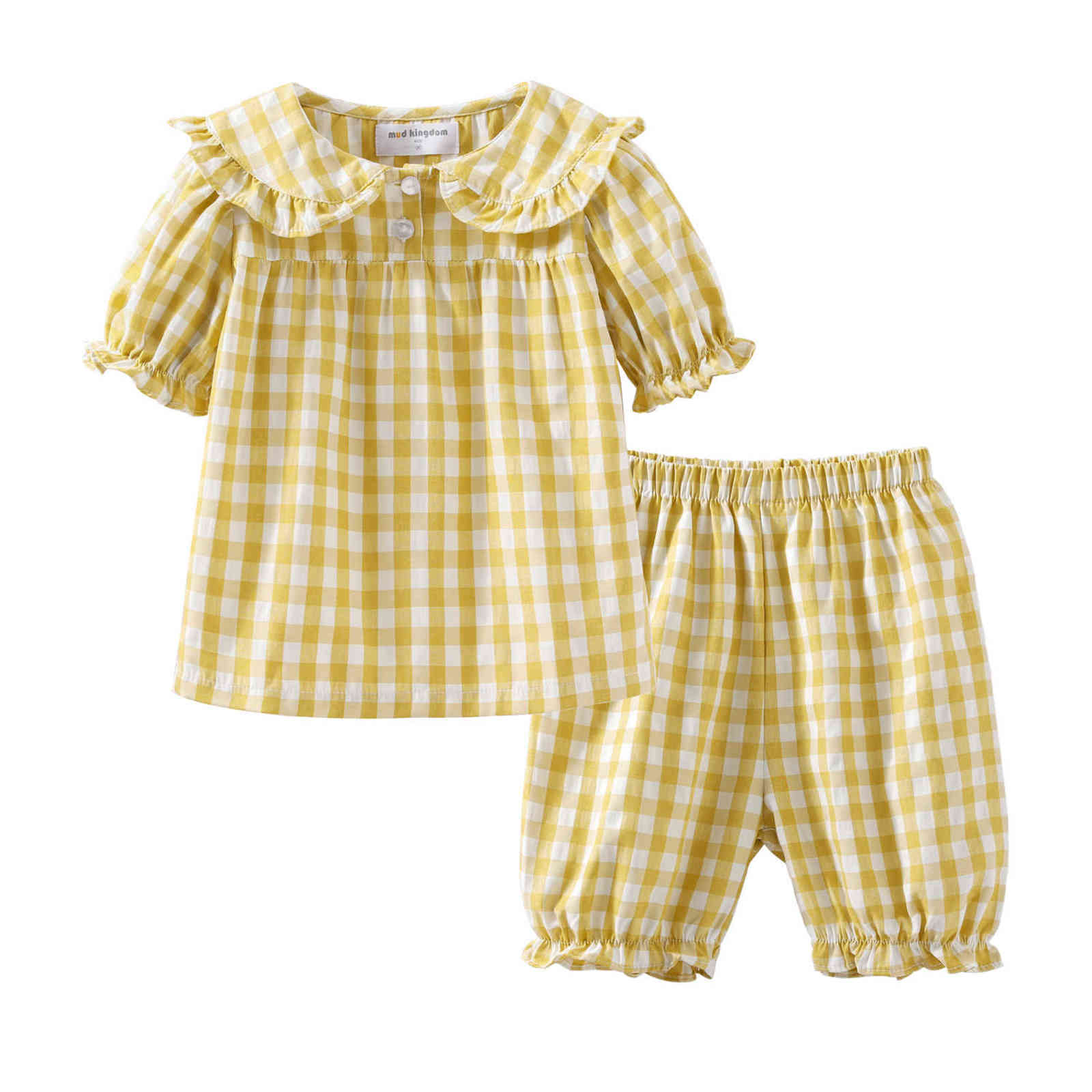 Mudkingdom Summer Pajamas for Girls Plaid PJS Cute Jammies Set Big Girl Peter Pan Collar Toddler Homewear Kids Sleepwear 211130