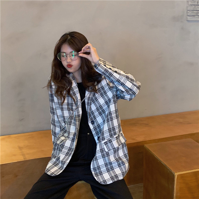 Retro Color-Hit Women Elegant Plaid Office Lady Pockets Geometric Loose High Street Sweet OL Fashion Blazers 210421