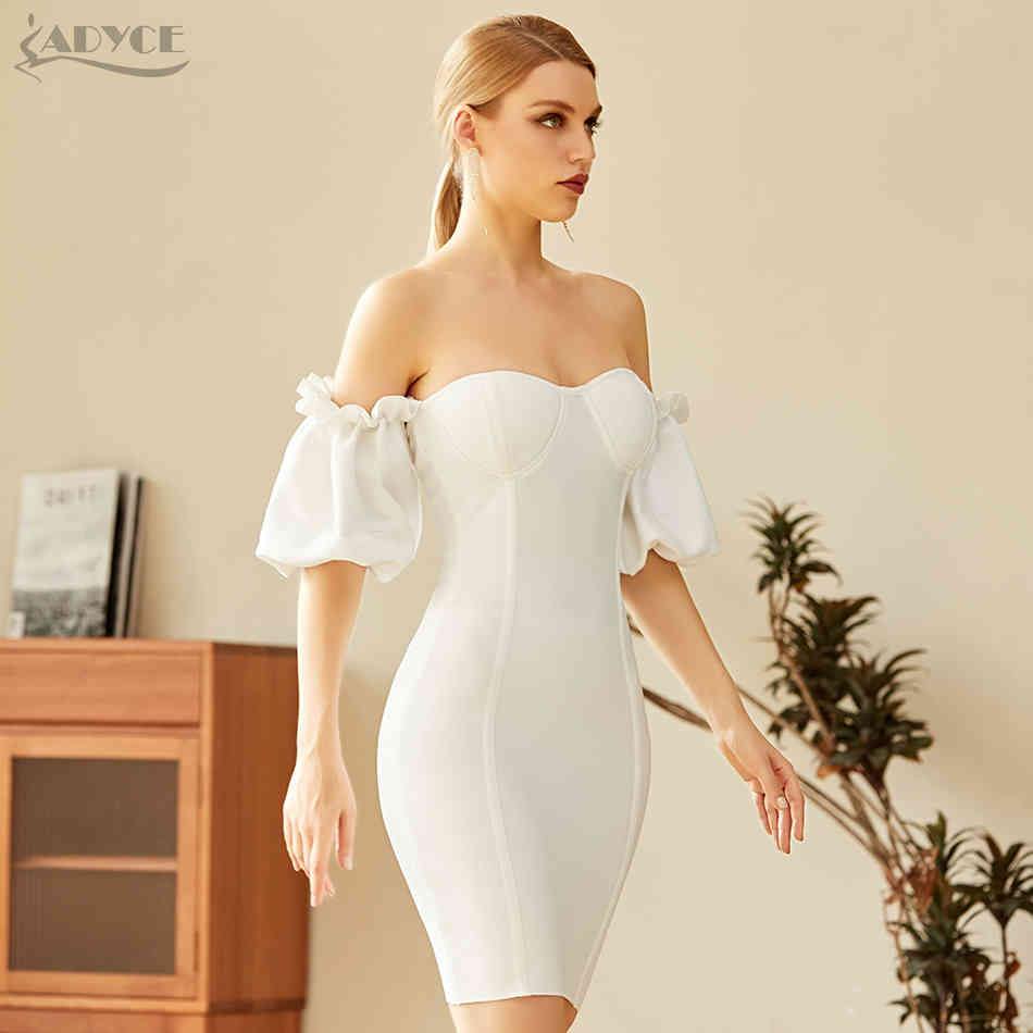 Summer Women Red Off Shoulder Bandage Dress Sexy Short Sleeve Mini White Club Celebrity Evening Runway Party 210423