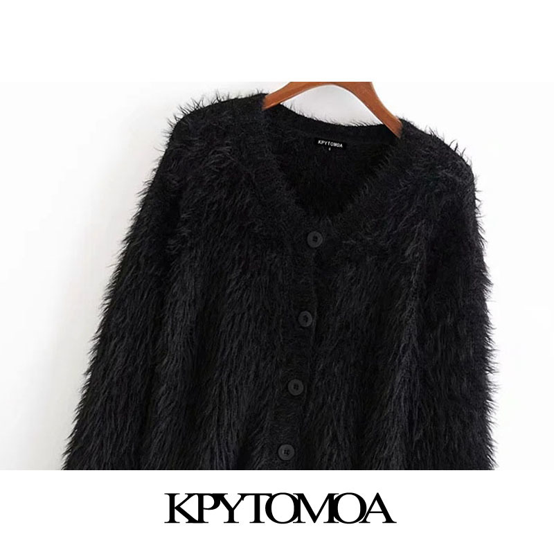 Women Fashion Soft Touch Faux Fur Knitted Cardigan Sweater Long Sleeve Button-up Female Outerwear Chic Top 210420
