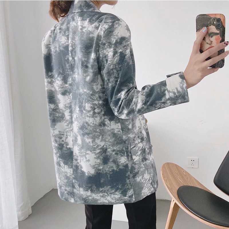 LY VAREY LIN Autumn Women Casual Suit Jacket Black White Tie Dyed Printing Single Button Loose Office Lady Outerwear 210526