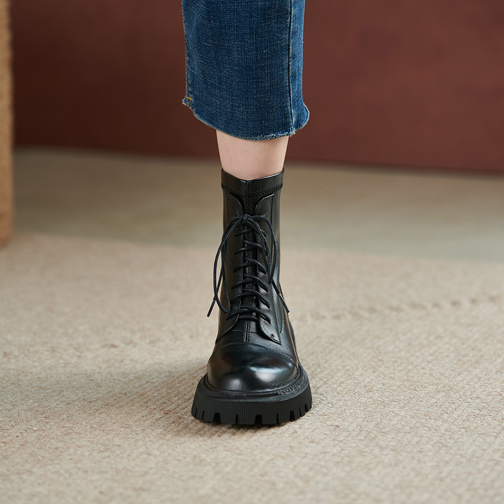 Wonen Soft Leather Short Boots British Style Thick-soled Motorcycle Martin Boots