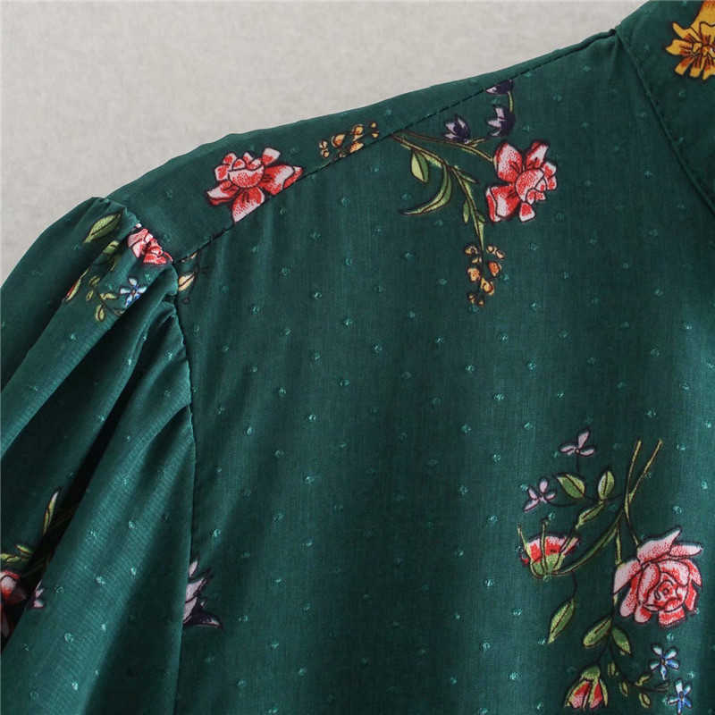 ZA Green Print Mini Dress Women Long Puff Sleeve Elastic Waistband Vintage Party Dresses Woman Back Opening Vestidos 210602