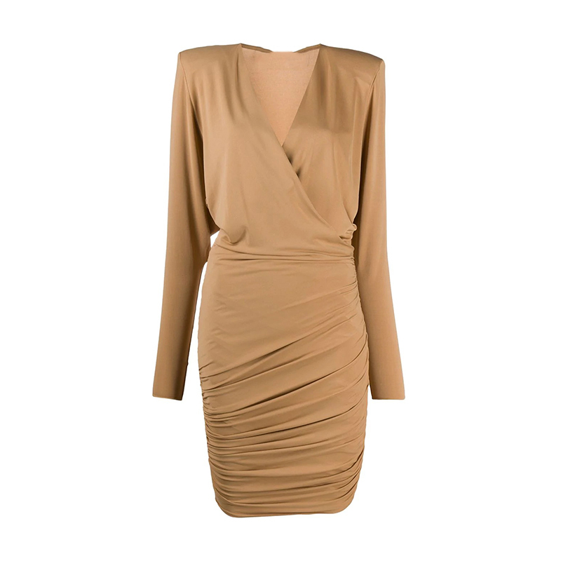 VGH Black Shoulder Pad Dress For Women V Neck Long Sleeve High Waist Ruched Mini Slim Dresses Female Fashion New Clothing 210421