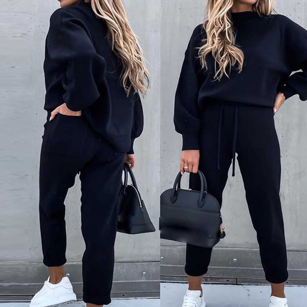 Tracksuit Women Autumn Winter Solid Color Clothing Set Fashion Turtleneck Warm Sweatshirt and Lace-up Pants Two Piece Set D30 Y0625