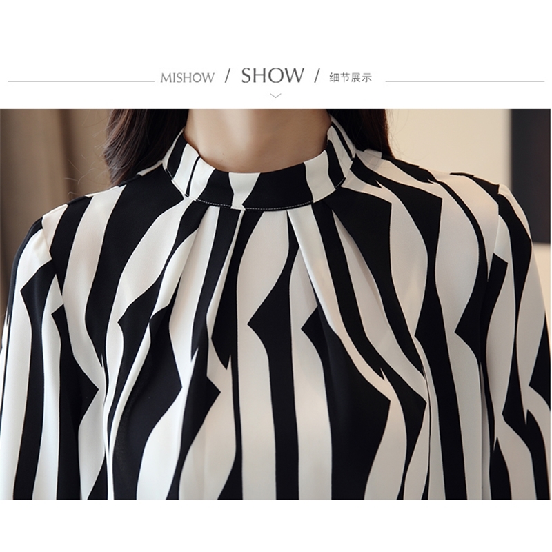 black Geometric Long sleeved Blouses Shirts Printed Women Top Stand Collar Chiffon blouse Loose office blusa 833F 210420
