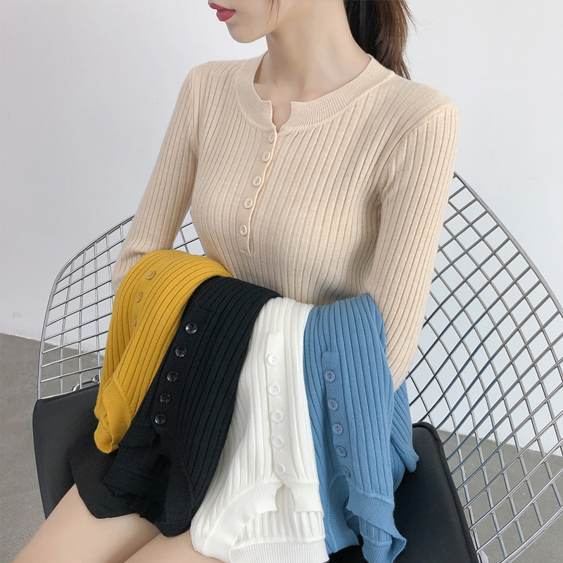 Winter Slim Elasticity Solid Round Neck Knitted Long Sleeve Women Shirts Autumn Sweaters Clothes Button 7577 50 210510
