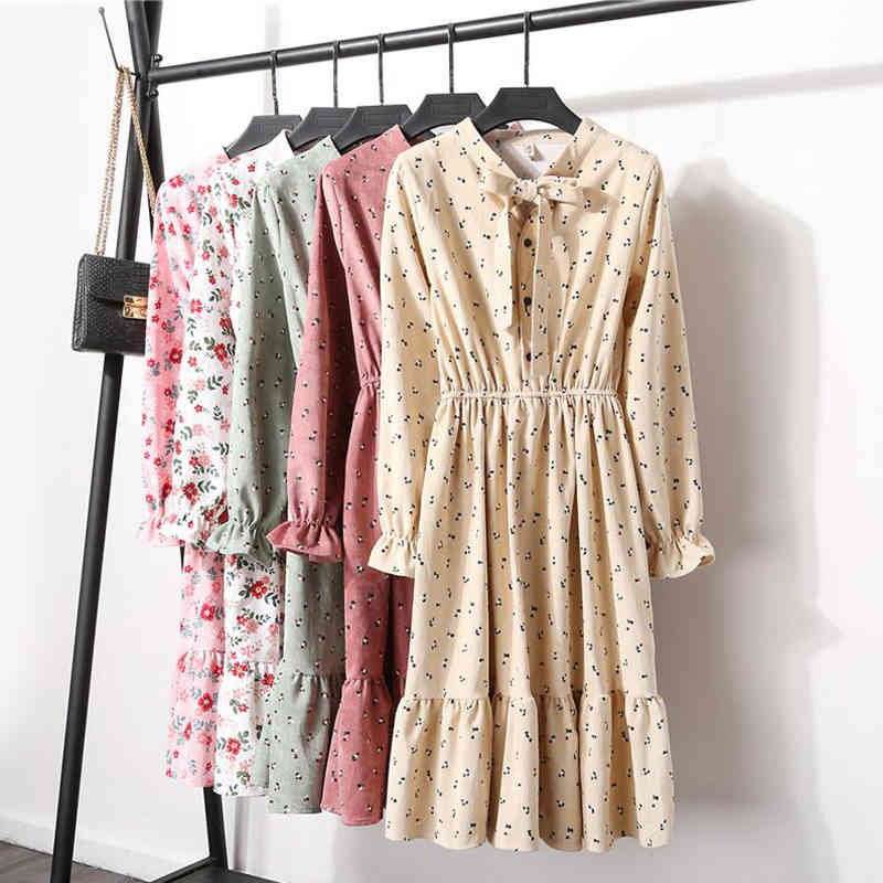 Autumn Winter Corduroy Vintage Dress Women Single-breasted Elastic Waist Floral Print Dresses Party Long Sleeve Dress Vestidos 210521