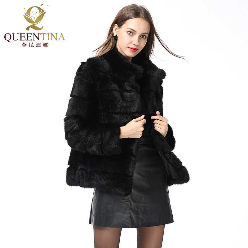 Whole Full Pelt Rabbit Fur Coat Stand Collar Jacket Real Winter Women Fashion Waistcoat Natural 211019