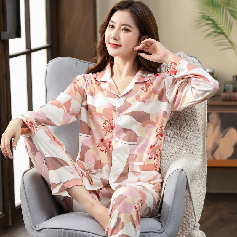 BZEL Autumn Winter Sleepwear 2 Piece Sets For Women's Cotton Pajamas Turn-down Collar Homewear Large Size Pijama Pyjama XXXL 210928