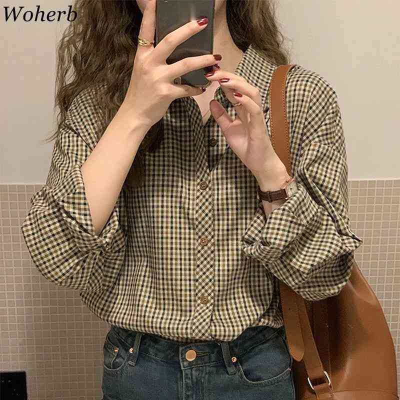 Woman Blouses Spring Summer Vintage Plaid Shirt Japanese Style Long Sleeves All Match Casual Blusas Korean Chic 210519