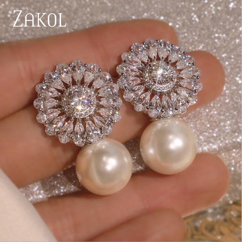 Dangle & Chandelier ZAKOL Romantic Cubic Zircon Imitation Pearl Flower Stud Earrings For Women Party Fashion Elegant Bridal Wedding Jewe, Silver
Dangle & Chandelier ZAKOL Romantic Cubic Zircon Imitation Pearl Flower Stud Earrings For Women Party Fashion Elegant Bridal Wedding Jewe, Silver