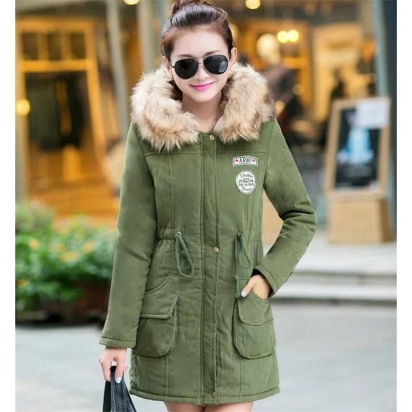 Korea Fashion Women Slim Hooded Thick Warm Long Coat all-matched Casual Cotton Jaket Womens Green Parkas Winter Coats D249 210512