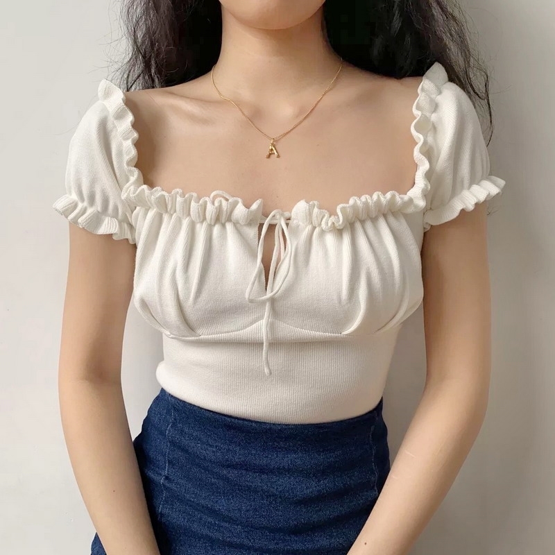 Puff Sleeve Short T-shirt Female Ins European Women's Summer Drawstring Small Fashionable Top Lace W69Q 210603