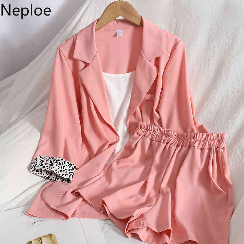 Neploe Spring Women's Clothing Contrast Color Leopard Print Jacket Wide-leg Shorts Base Sling 3 Piece Suit Korean Chic Suit 210422