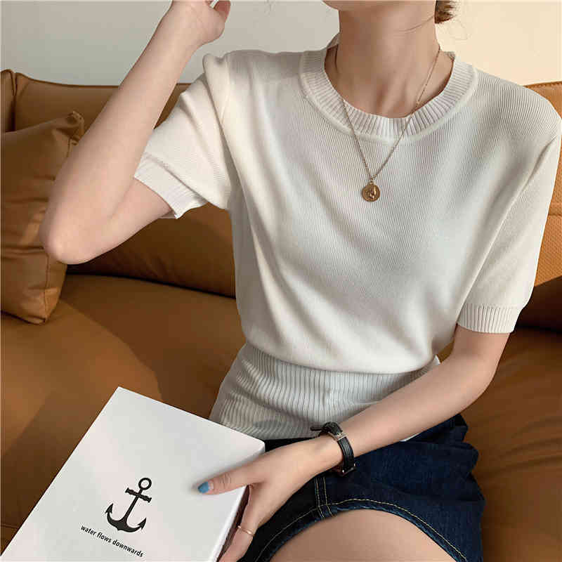 Summer Thin Knitted T Shirt Tees Women Short Sleeve O-neck Tops Solid Casual Fashion Korean T-shirt Femme 210514