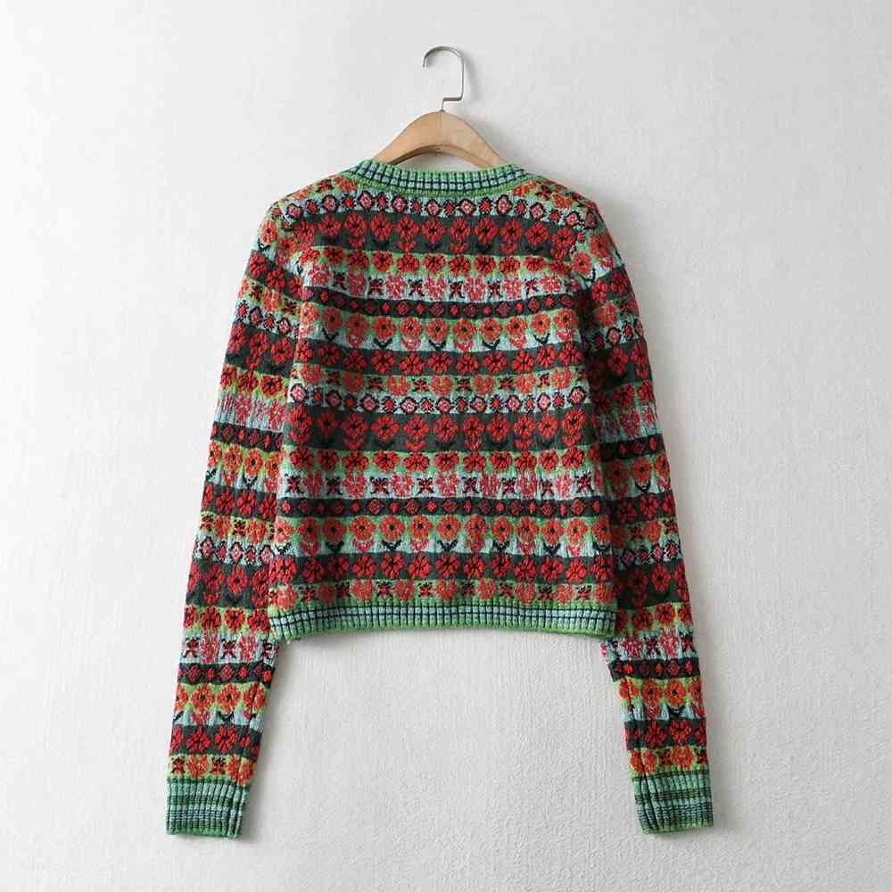 Vintage flower Jacquard Cardigan sweater women Cropped winter Knitted Crop Sweater Korean 210521