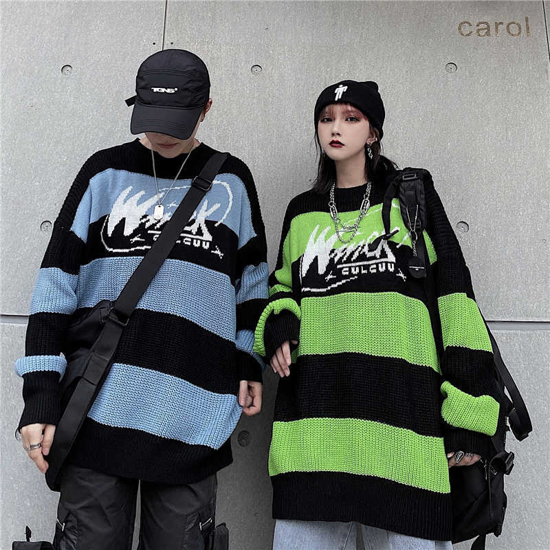 Women's sweater stripe letter casual tops harajuku pullover autumn drop vintage punk Hip hop streetwear Korean clothing 211011Z