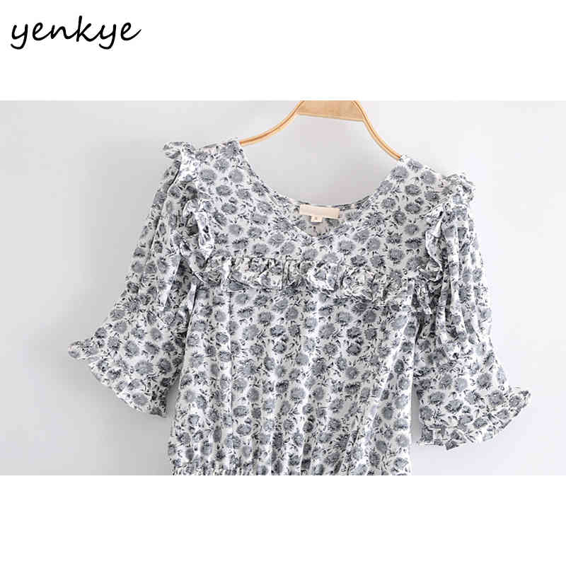 YENKYE Summer Dress Women Vintage Floral Print Asymmetric Ruffle Dress Female O Neck Short Sleeve Mini Vestido Short 210515