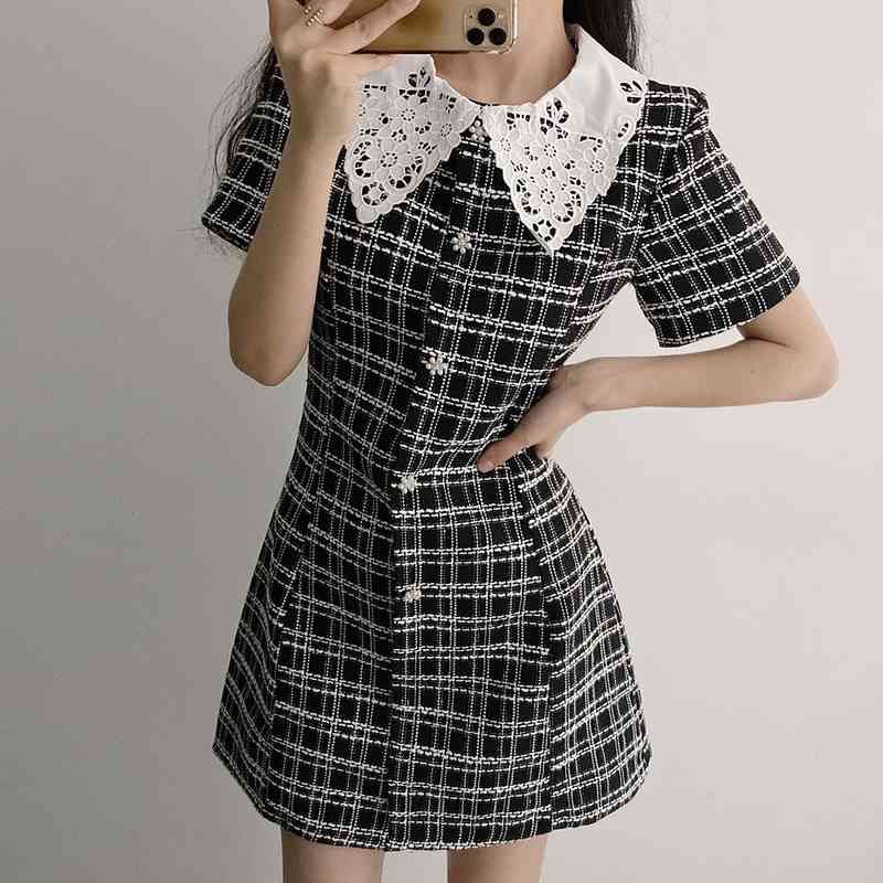 Neploe Vintage Dress Women Lace Peter Pan Collar Patchwork Korean Vestidos Single Breasted Slim Waist Short Sleeve Plaid Dresses 210422