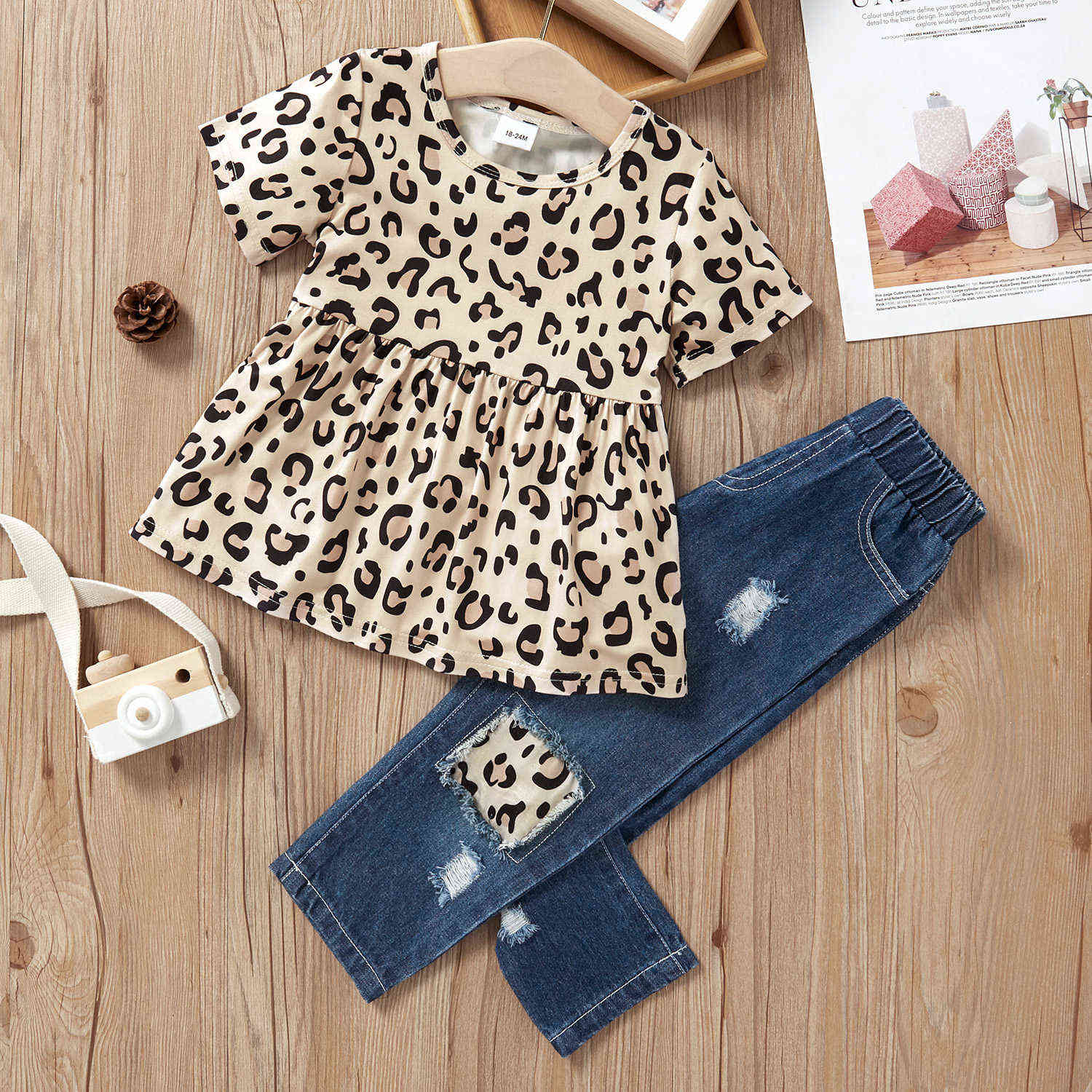 Summer 2-piece Baby / Toddler Girl Print Dress and Denim Pants Set 210528