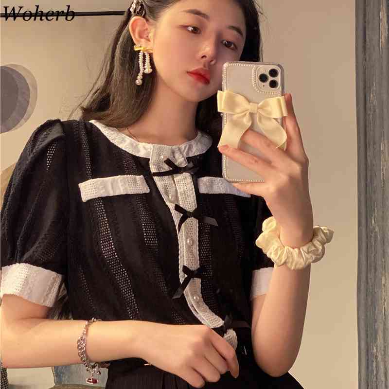 Elegant Lace Hollow Out Blouses Summer Fashion Slim Fit Puff Sleeve Single Breasted Women Shirts Korean Blusas 210519