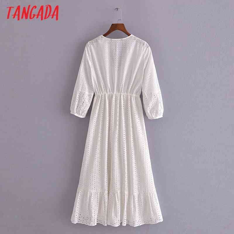 Summer Women White Embroidery Romantic V Neck Short Sleeve Ladies Midi Dress Vestidos 3H184 210416