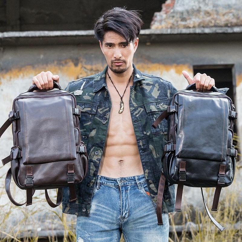 Backpack Men's Retro Genuine Leather Large Capacity School Bag Anti-theft Travel