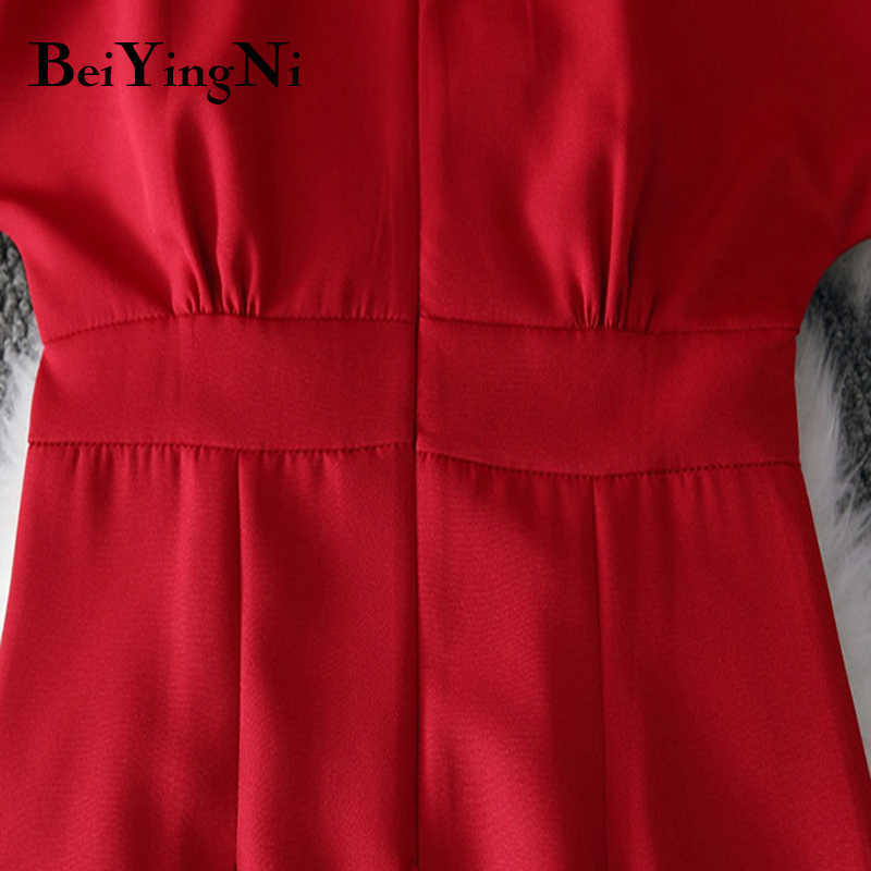 Beiyingni Office Ladies Dress Elegant Buttons Casual Slim Vintage Romance Party Women Dress Red Pink Yellow Vestidos Mujer 210630