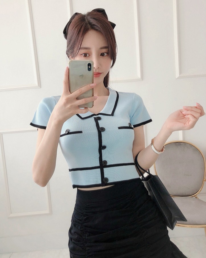 Summer Women 2pcs Set Sweet Knitted Lapel Short Sleeve T-Shirt Top + High Waist Bodycon Ruched Ruffles Mini Skirt 210519