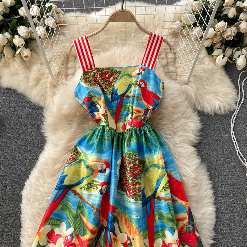 DEAT Women Strap Printing Dress Square Collar Sleeveless Arrivals Lady Temperament Fashion Spring Summer 11D571 210709