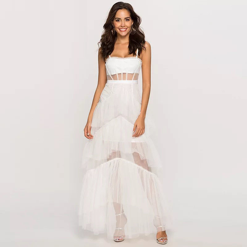 Strap Dresses Female Sleeveless High Waist Hollow Out Patchwork Mesh Dress Fashion Clothes Summer sukienki 210421