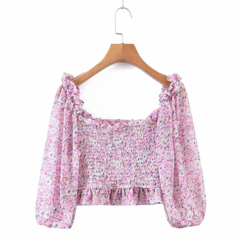 Sweet Women O Neck Lantern Sleeve Blouse Spring-autumn Fashion Ladies Beach Style Cute Shirt Chiffon Print Top 210430
