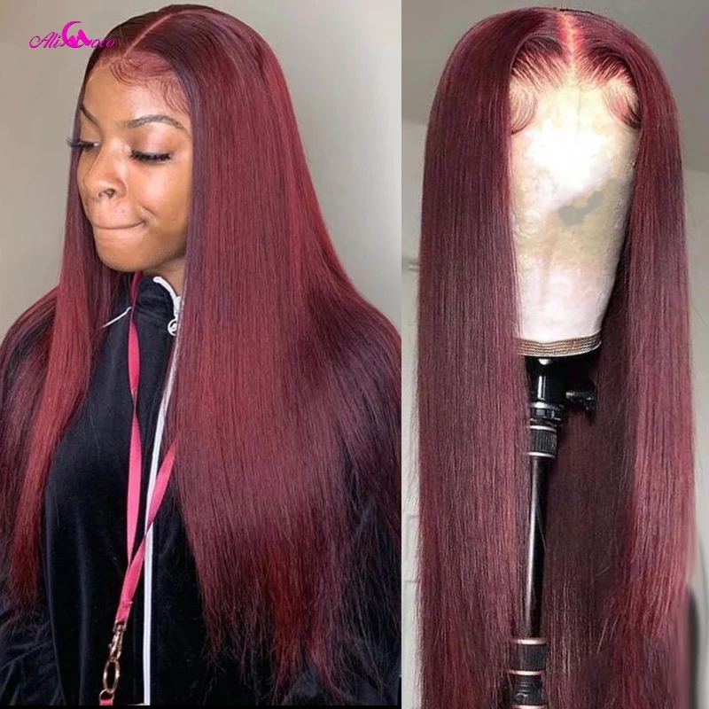 Burgundy Red Color Long silk straight Hairstyle lace front Wigs For Women Synthetic Hair High Temperature Fiber daily cosplay