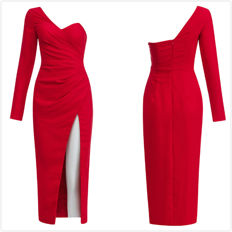 Free Women's Red Summer Dress Sexy One Shoulder Long Sleeve Halter Split Club Evening Party Vestido 210524