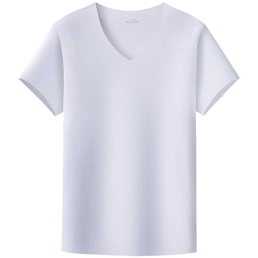 2pcs/lot Men Summer Tops & Tees Ice Silk Quick Dry Slim T-shirt Seamless Breathable Top Fashion V Neck Solid Color 210707