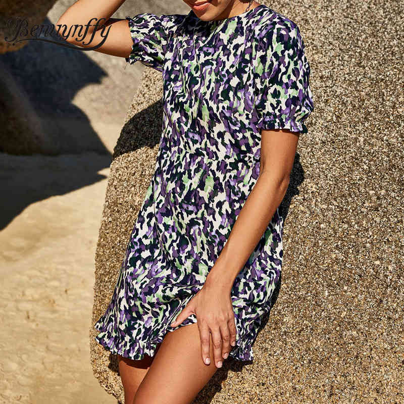 Crew Neck Frill Trim Hem Short Sleeve Dresses Women Fashion Casual Summer High Waist Female Print Mini Dress 210510