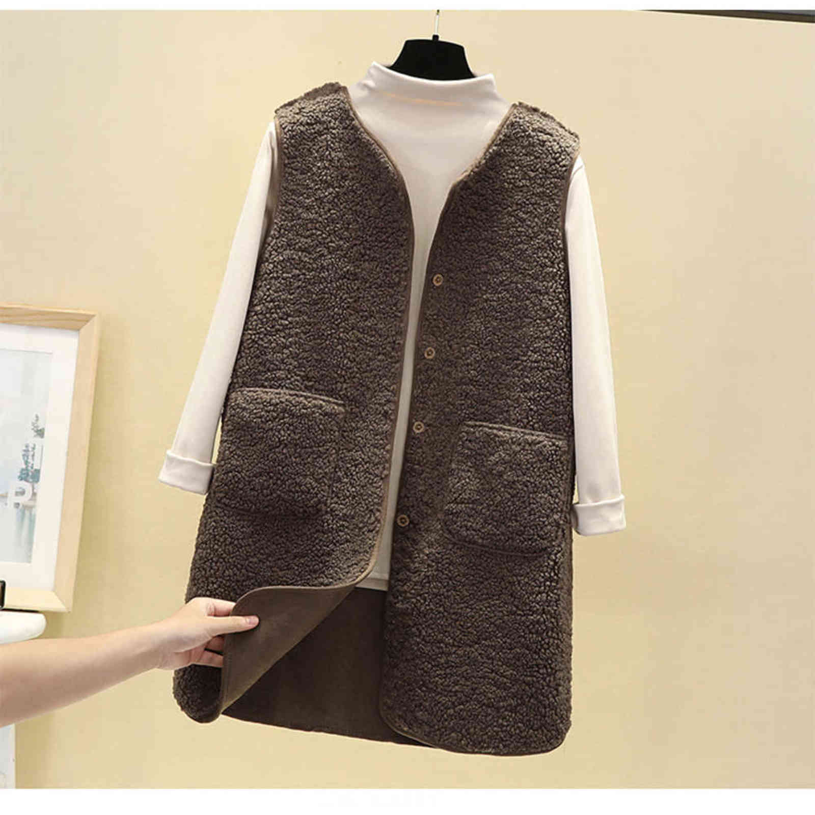 Thick Faux Fur Vest Jacket Winter Women Sleeveless Garment Waistcoat Overcoat Casual Suede Warm Long Female Coats Outerwear 211120