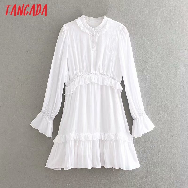 Spring Women White Ruffles Shirt Long Sleeve Ladies Mini Dress Vestidos 4N26 210416
