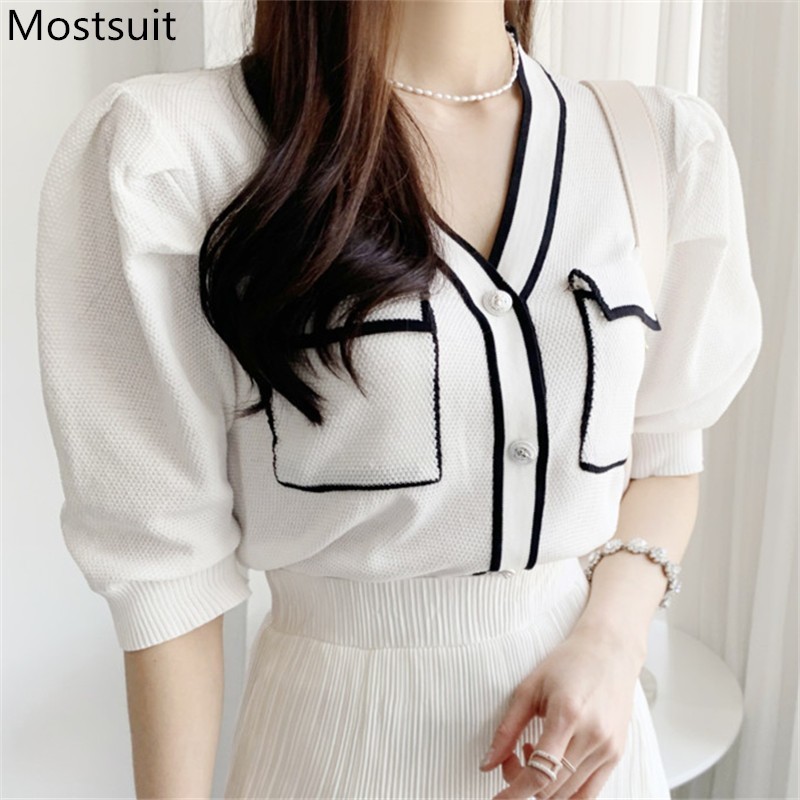 Summer Color-blocked Knitted Cardigan Women Vintage Korean Short Sleeve V-neck Pockets Sweater Fashion Ladies Tops Jumpers 210514