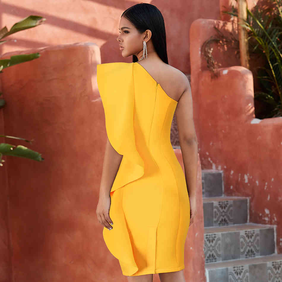Summer Yellow One Shoulder Ruffles Ladies Celebrity Evening Party Dress Sexy Sleeveless Bodycon Club XL 210423