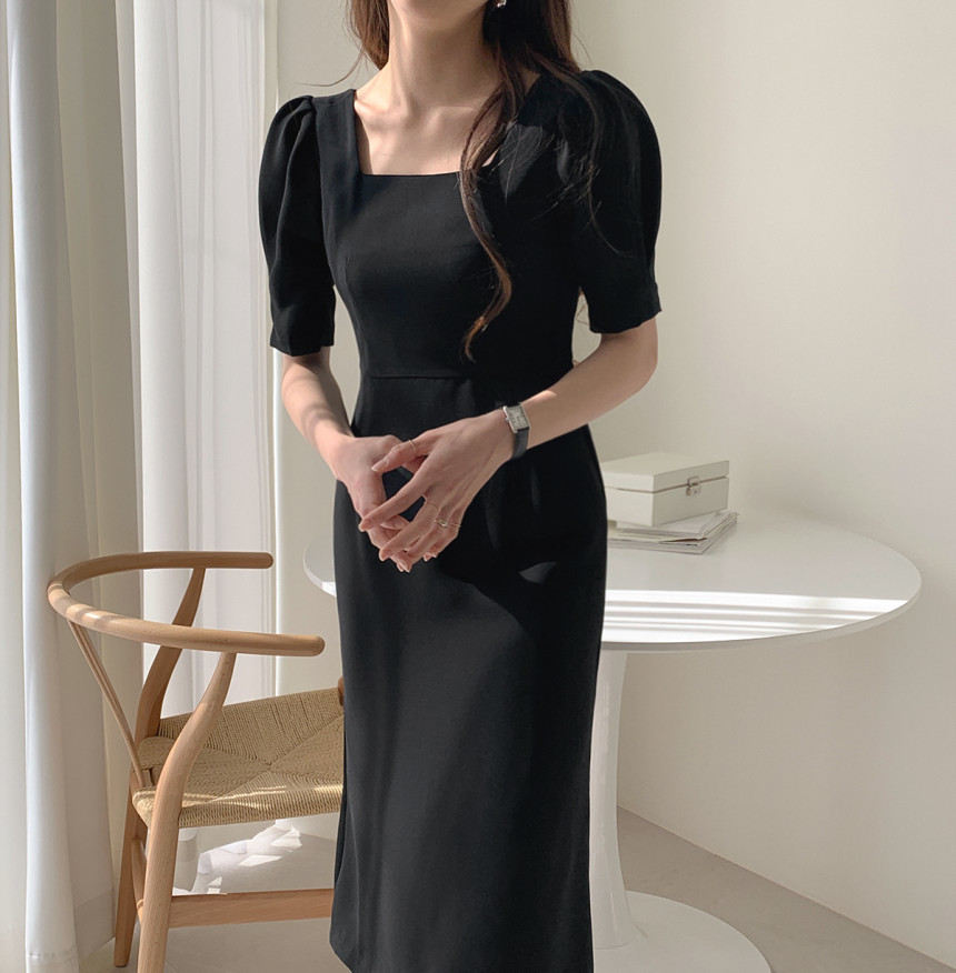 Korean Spring Temperament Elegant Square Collar Puff Short Sleeve Dress Women High Waist Office OL Slim Vestido Robe 210519